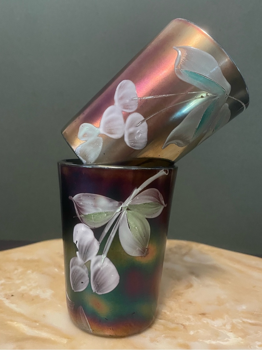 Set of 2 Fenton Cobalt Blue Carnival Glass Hand Painted Cherries Tumblers